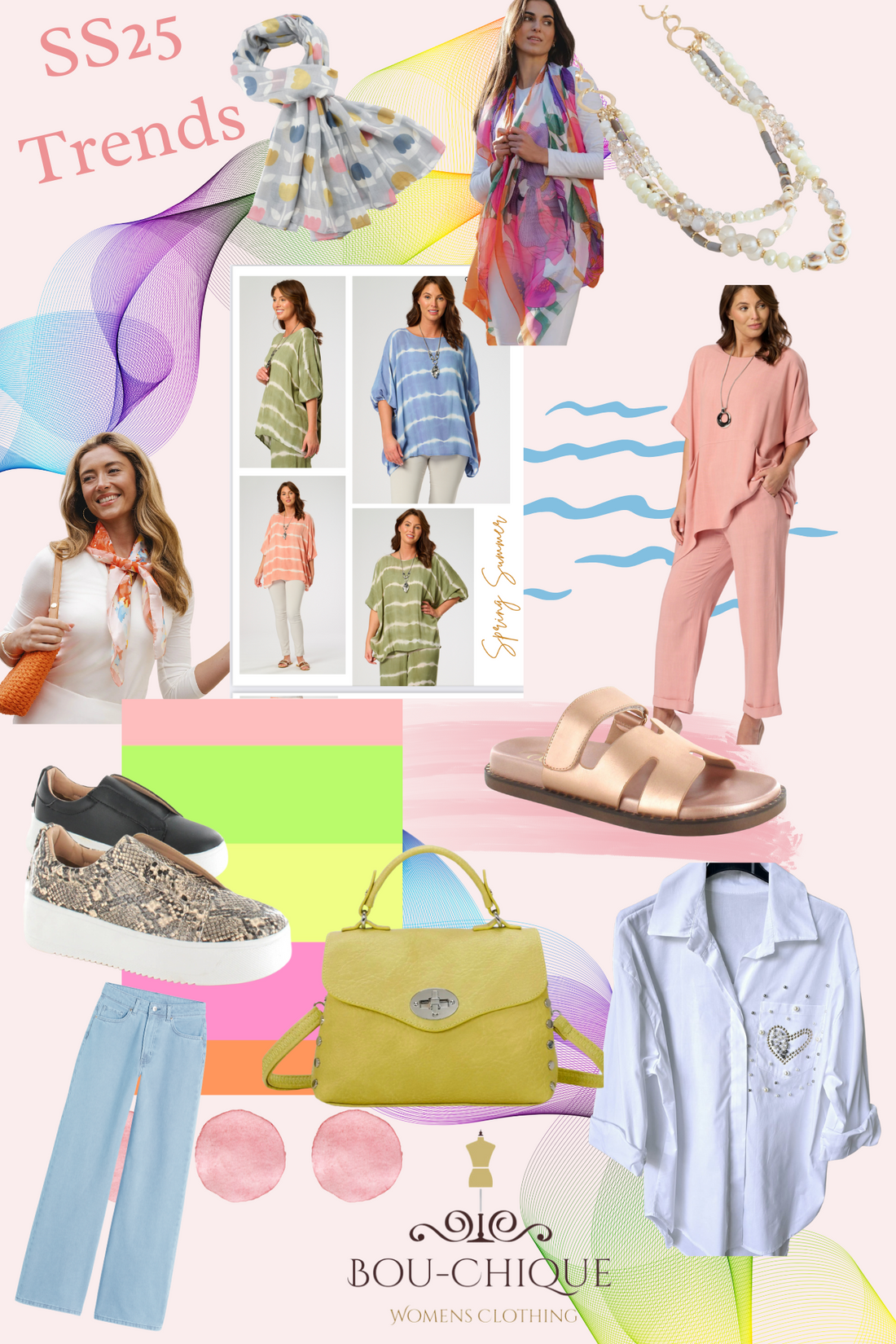 Mood board of items in pastel colours displayed to give an idea of trends in summer 2025