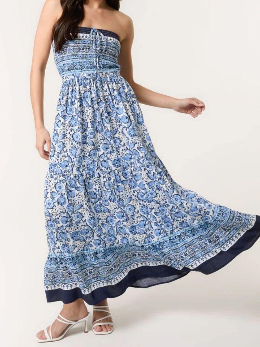 Shirred Body Floral Bandeau Dress - Optional Halter Tie
