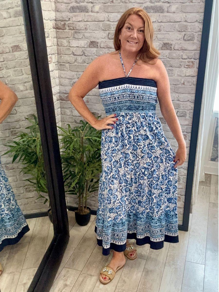 Shirred Body Floral Bandeau Dress - Optional Halter Tie