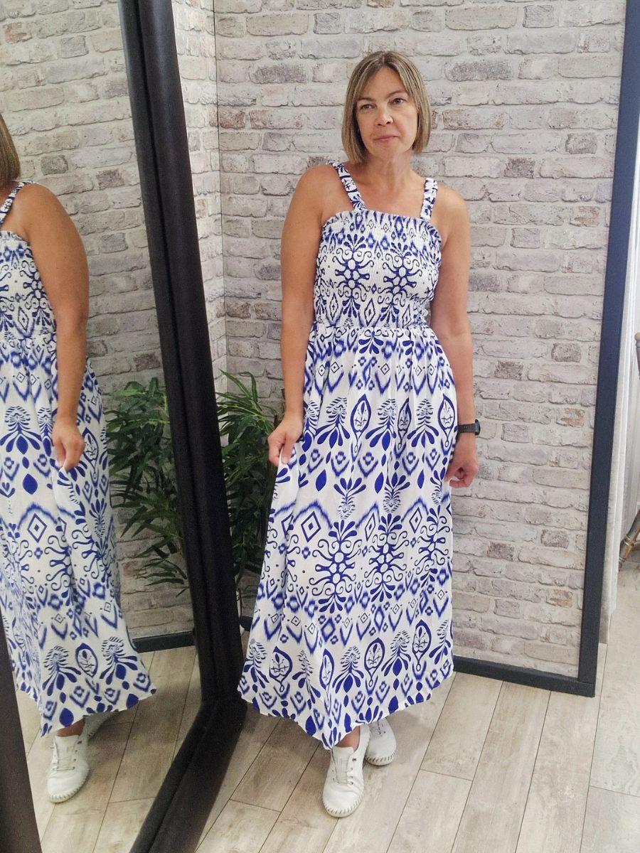 Blue Aztec Shirred Strap Maxi Dress - Comfortable straps