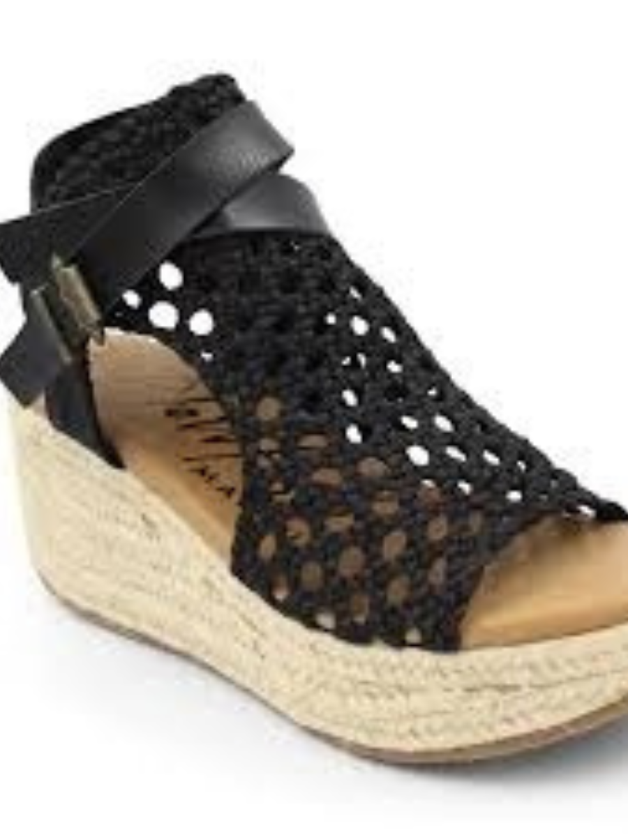 Blowfish Lorrah Black wedge sandal with braided detailing and cutout upper.