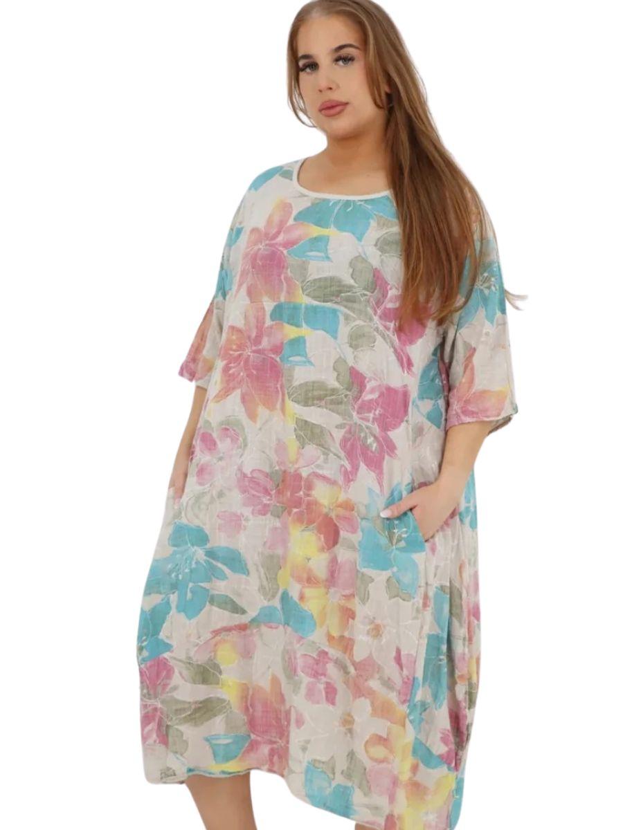 Floral Print Cocoon Dress - 95% Cotton with pockets