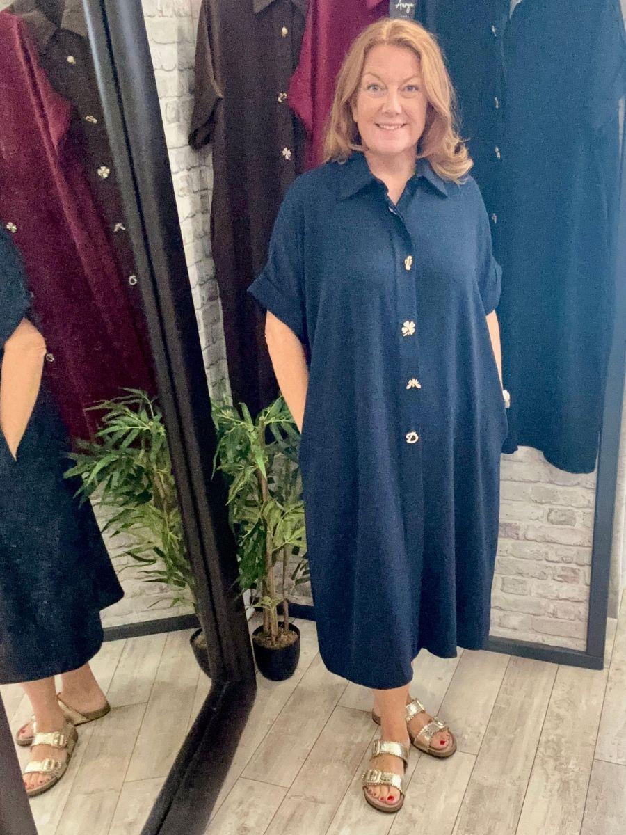 Brooch Shirt Dress - Removable brooches and concealed buttons