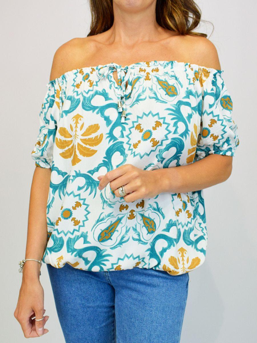 Aztec Paisley Bardot Gypsy Top - Elasticated Hems