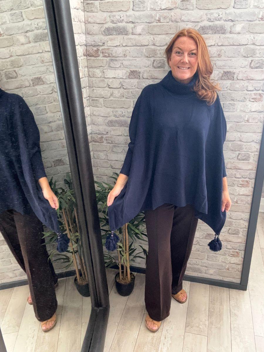 Plain Cowl Neck Tassel Poncho