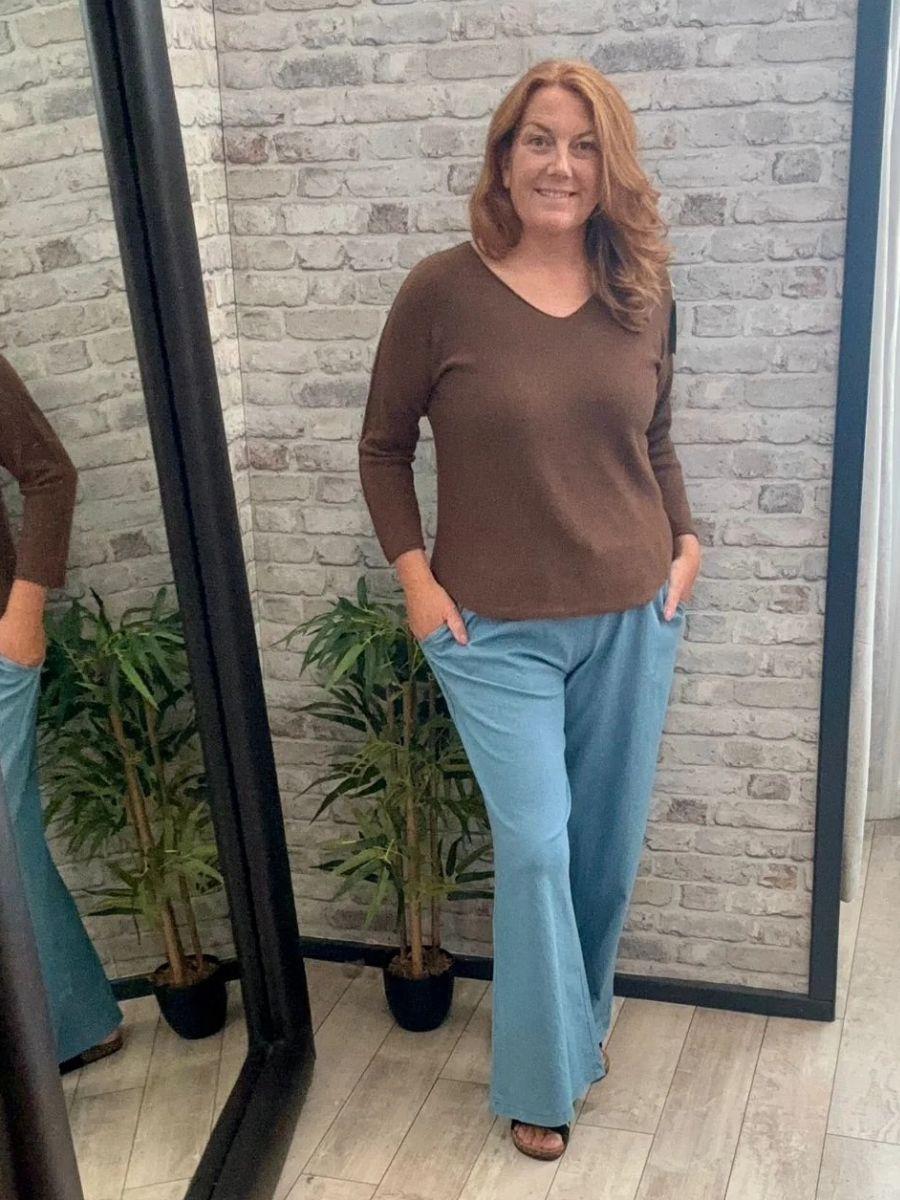 Fine Knit Metallic Thread V Neck Top - Soft touch material