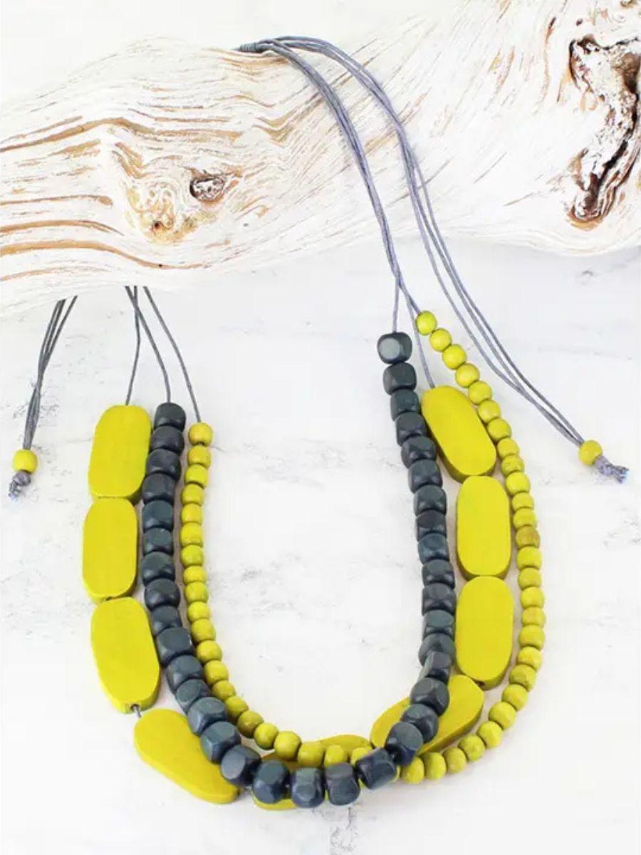 Multi-Strand Wooden Beaded Necklace - adjustable with a cord