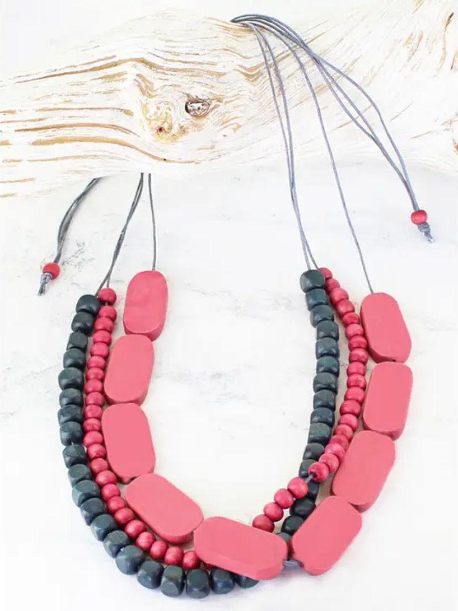 Multi-Strand Wooden Beaded Necklace - adjustable with a cord