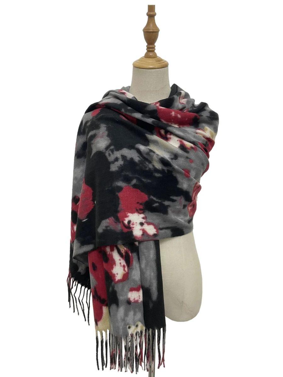 Abstract Flower Print Soft Wool Tassel Scarf