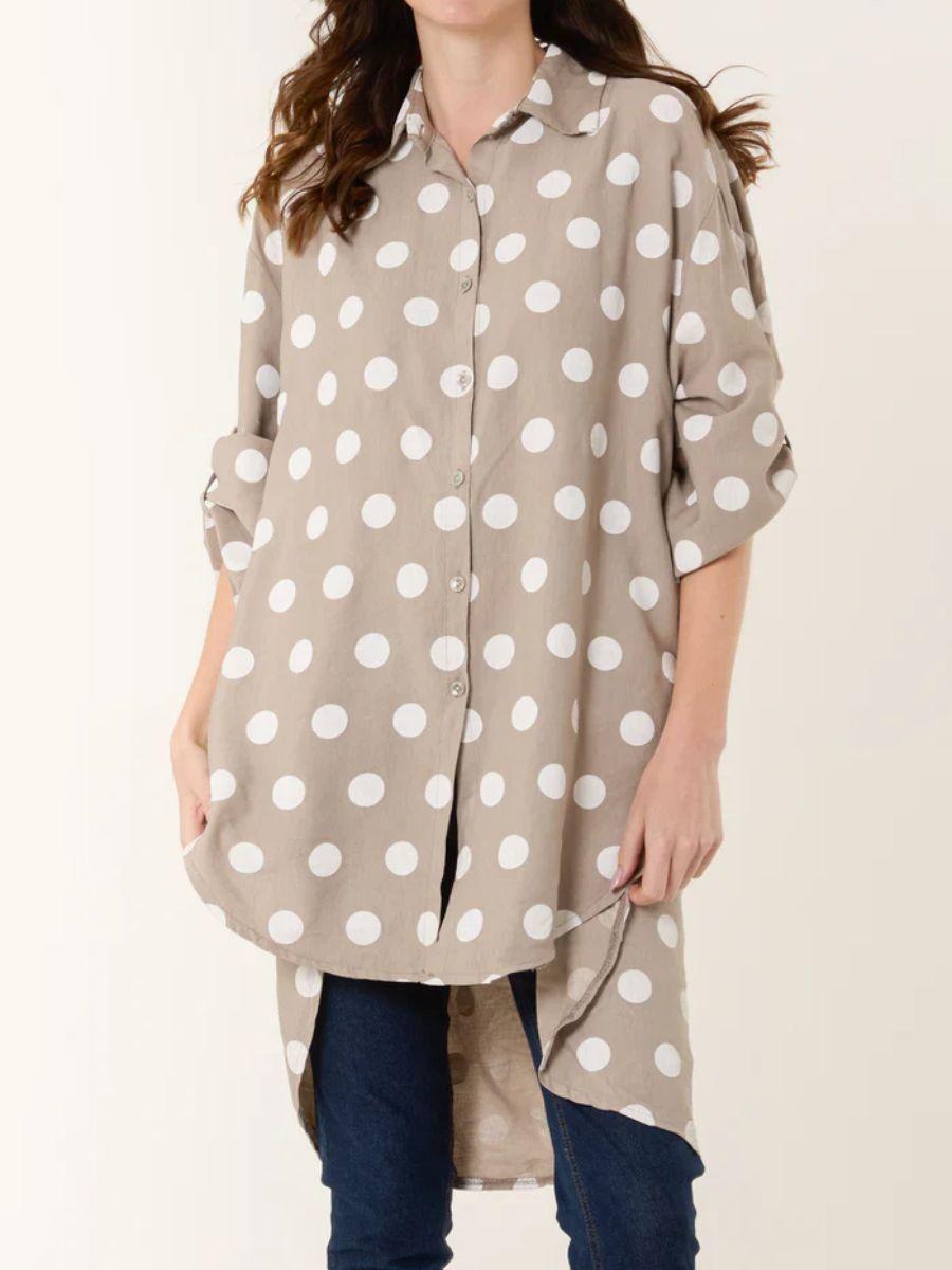 Polka Dot High Low Shirt - 100% Viscose and Turn Up Sleeve