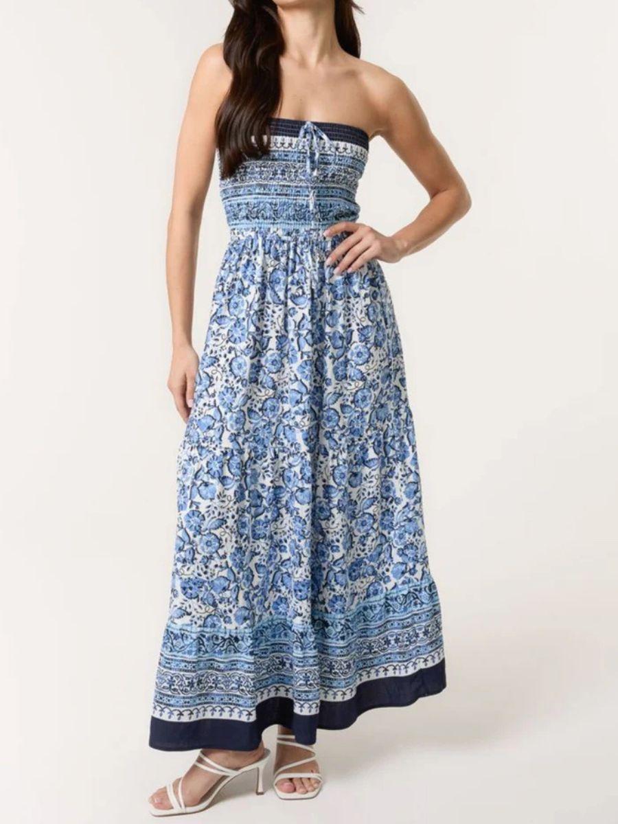 Shirred Body Floral Bandeau Dress - Optional Halter Tie