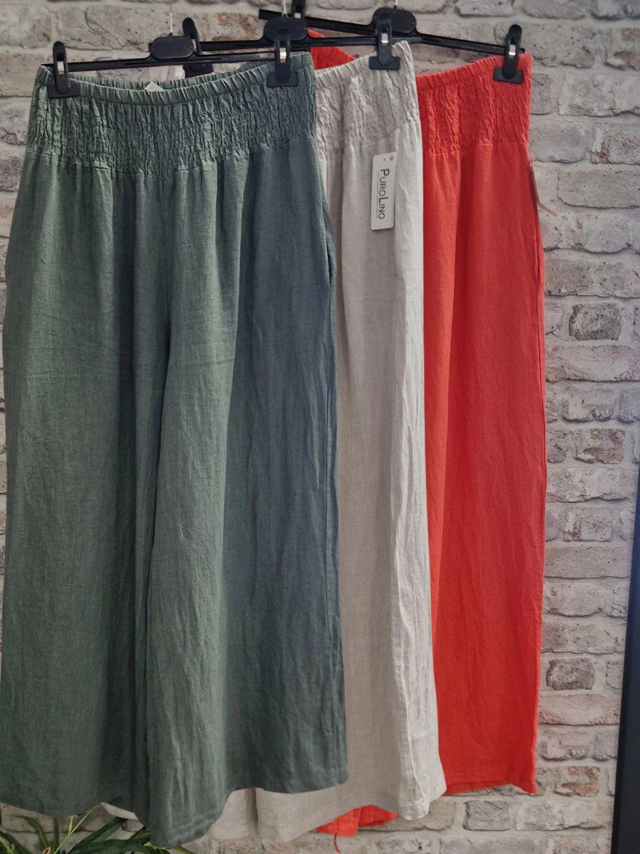 Linen Shirred Elasticated Palazzo Pant - Made in Italy