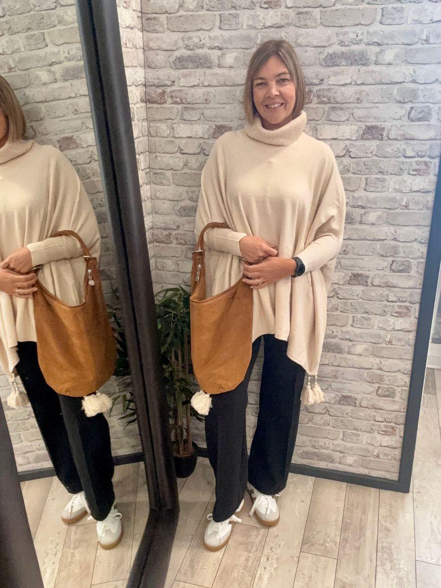 Plain Cowl Neck Tassel Poncho