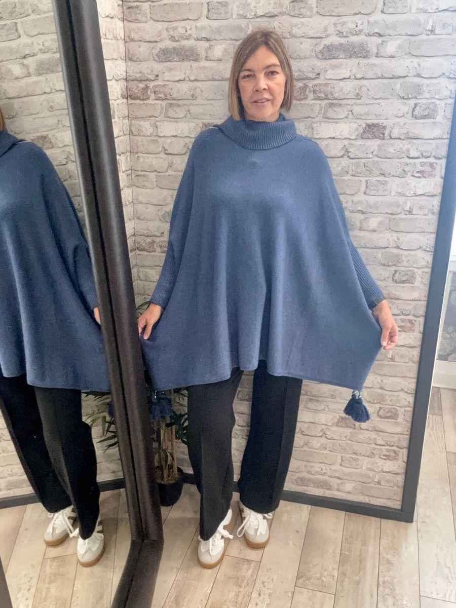 Plain Cowl Neck Tassel Poncho