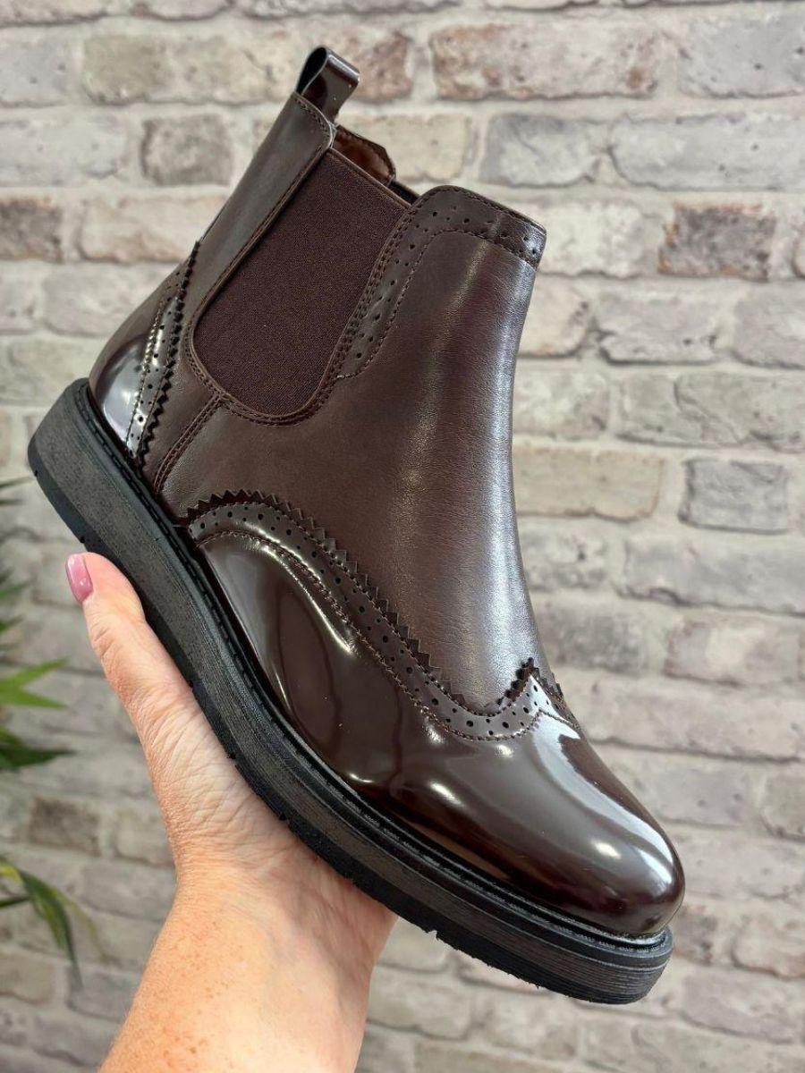 Chocolate Brown Brogue Boot - side stretch panels for comfort