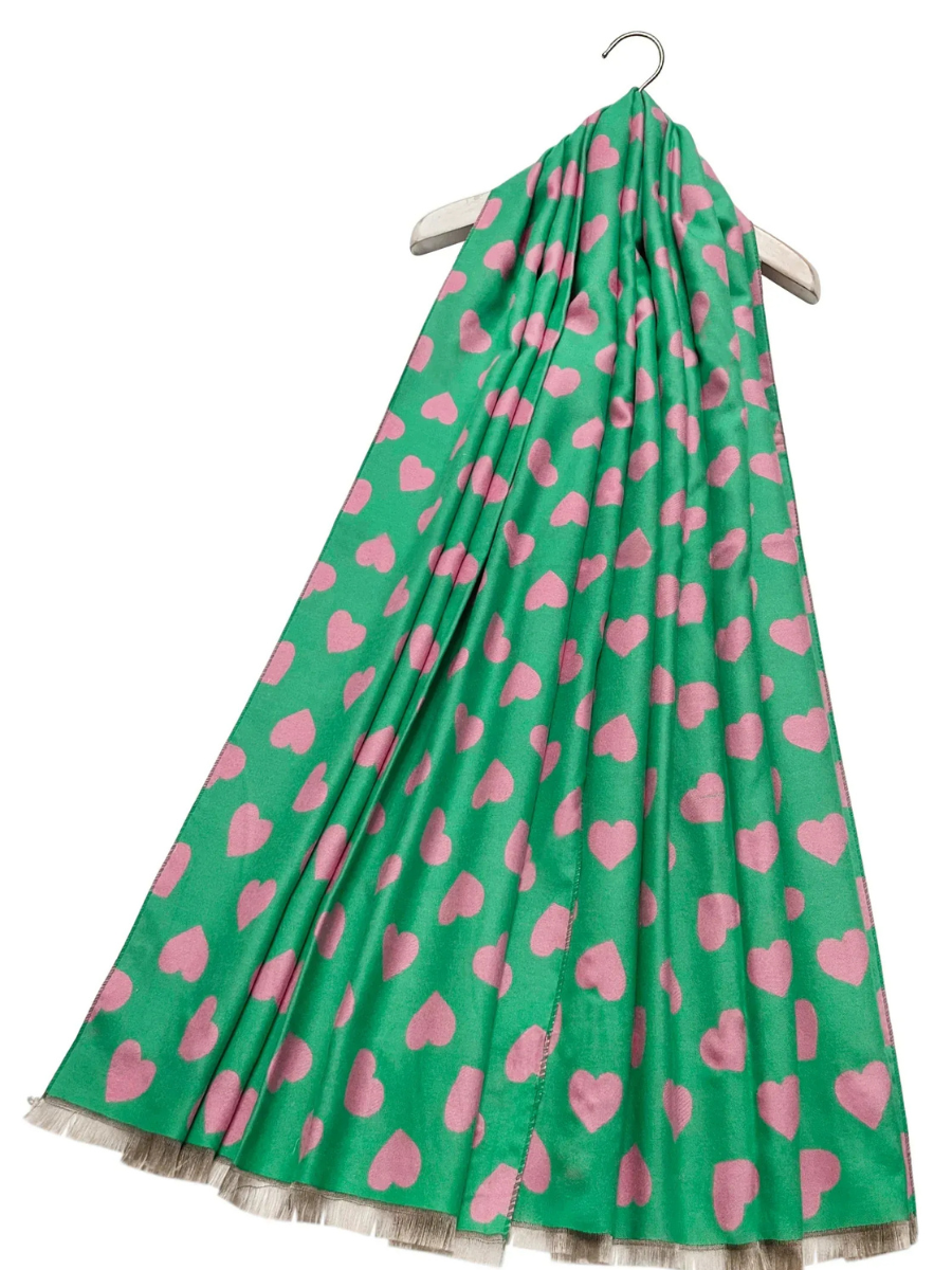 Love Heart Reversible Scarf with pink heart pattern on green fabric, perfect for Valentine's Day gifting.
