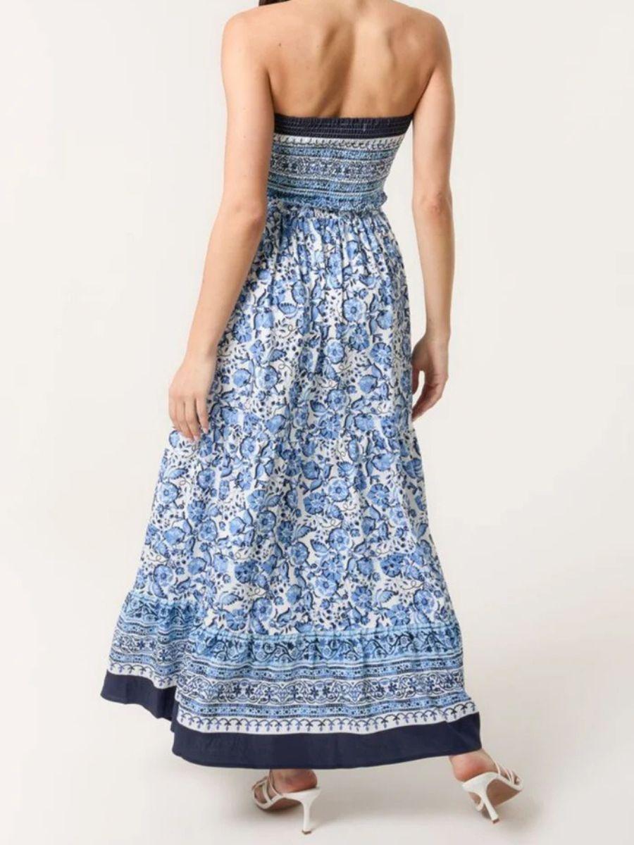 Shirred Body Floral Bandeau Dress - Optional Halter Tie