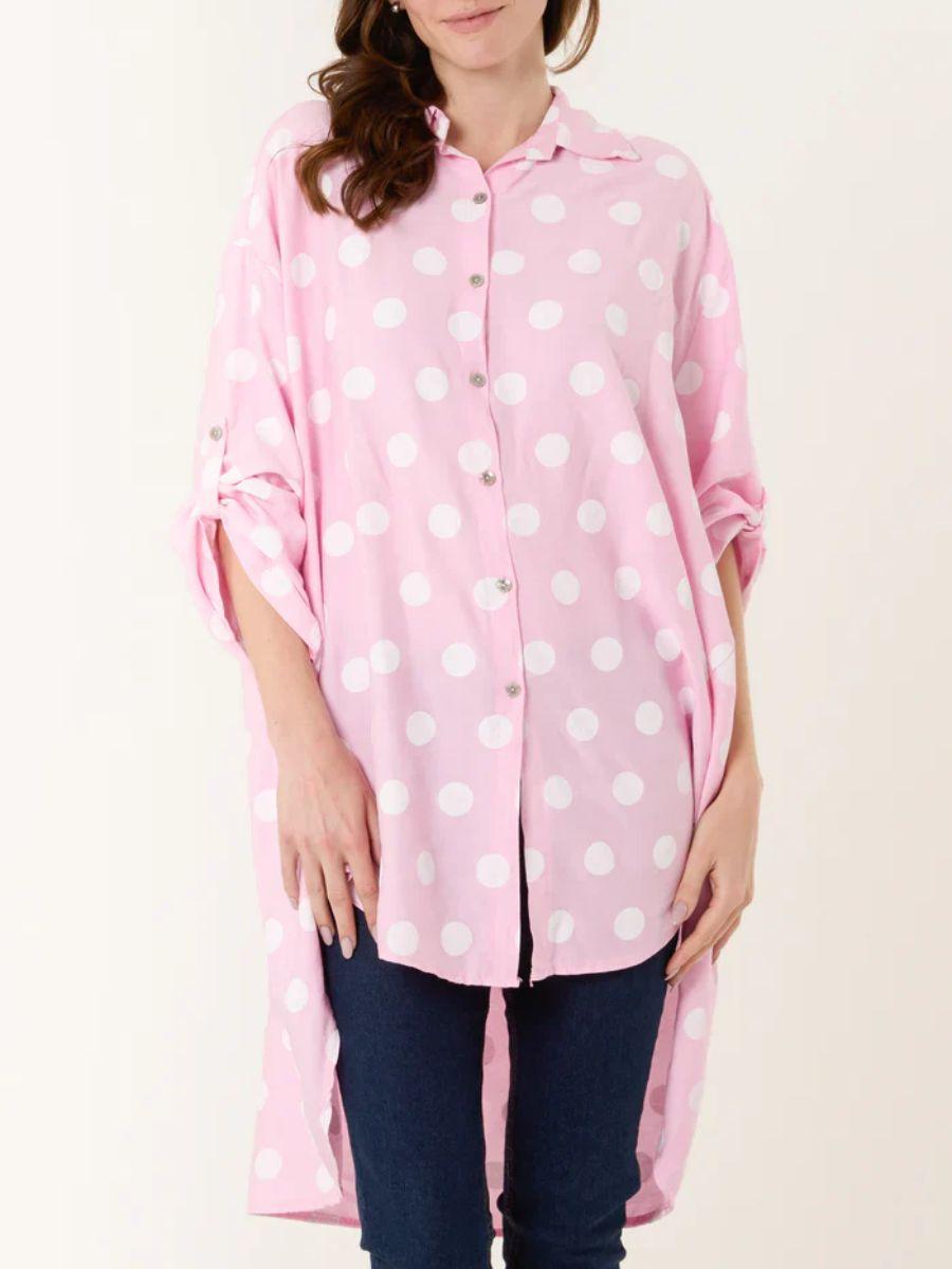 Polka Dot High Low Shirt - 100% Viscose and Turn Up Sleeve