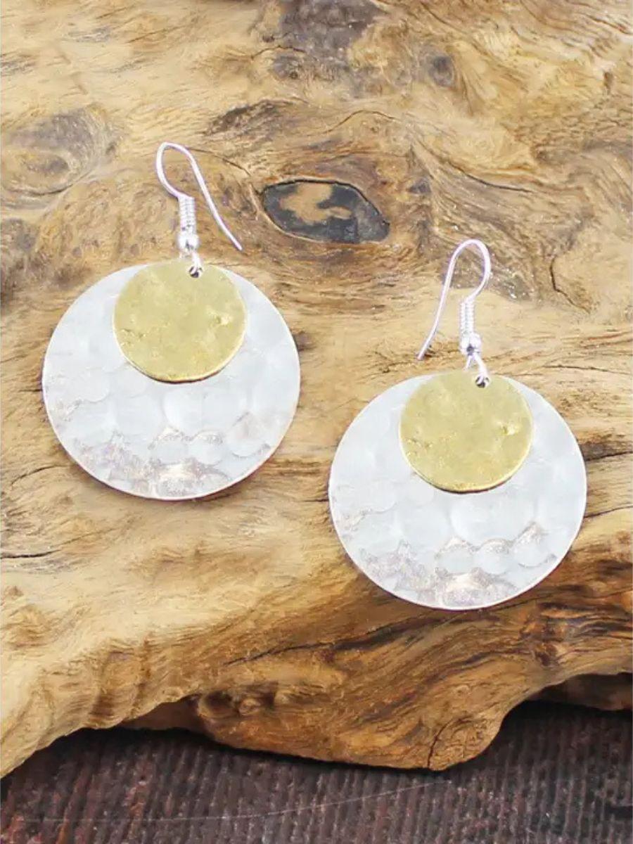 Double Beaten Disc Earrings - Fish Hook Style and Two Tone
