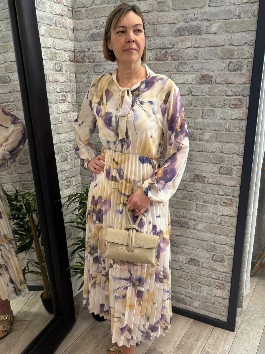 Pleated Tie Neck Dress