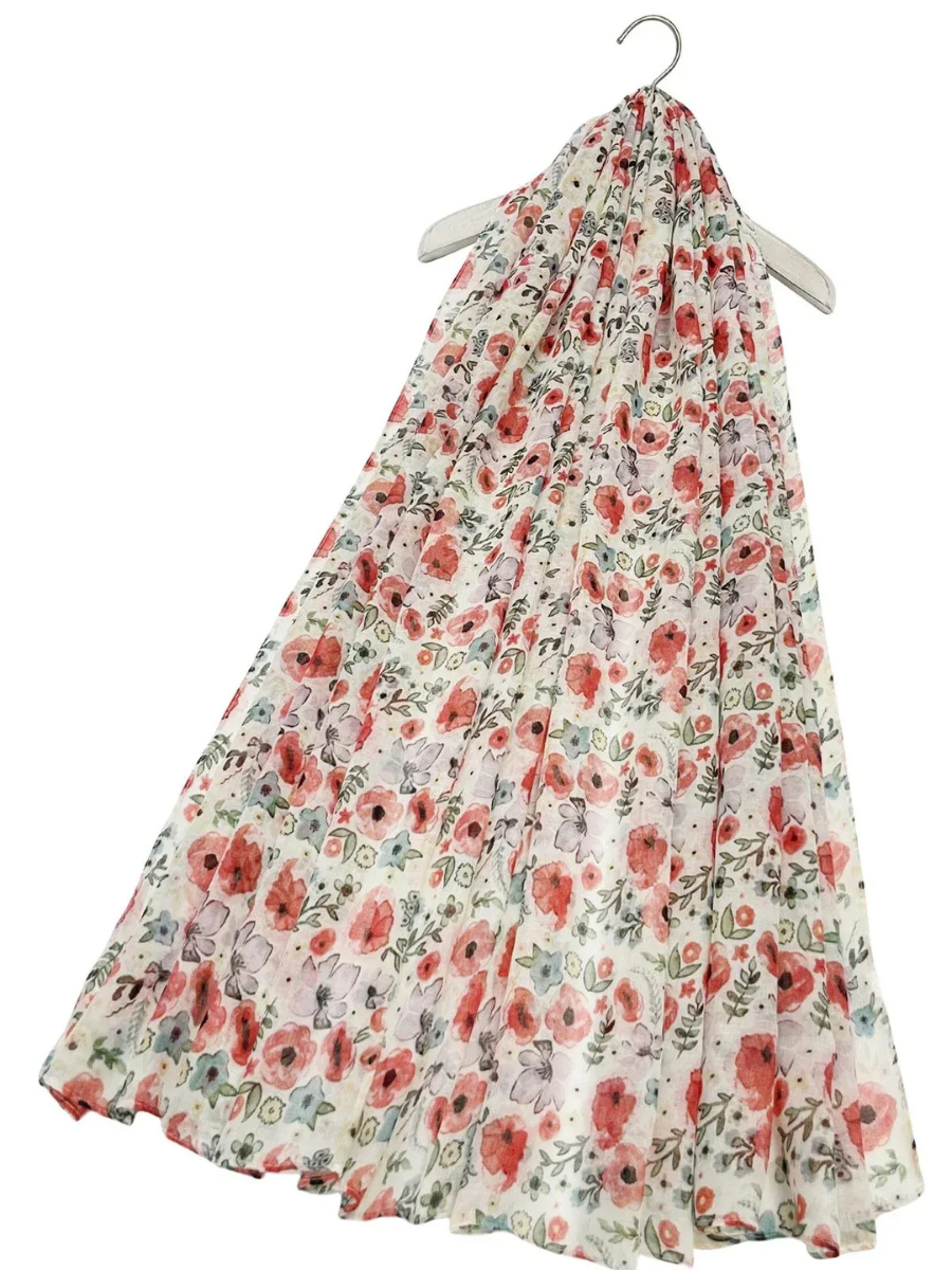 Mixed poppy floral print scarf, 100% viscose, 85cm x 180cm.