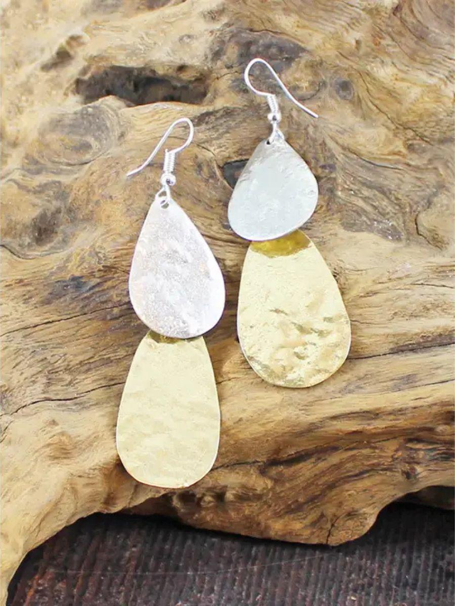 Double Beaten Teardrop Earrings - Fish Hook and Two Tone