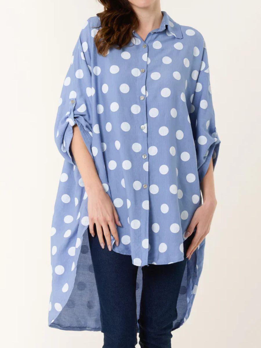 Polka Dot High Low Shirt - 100% Viscose and Turn Up Sleeve