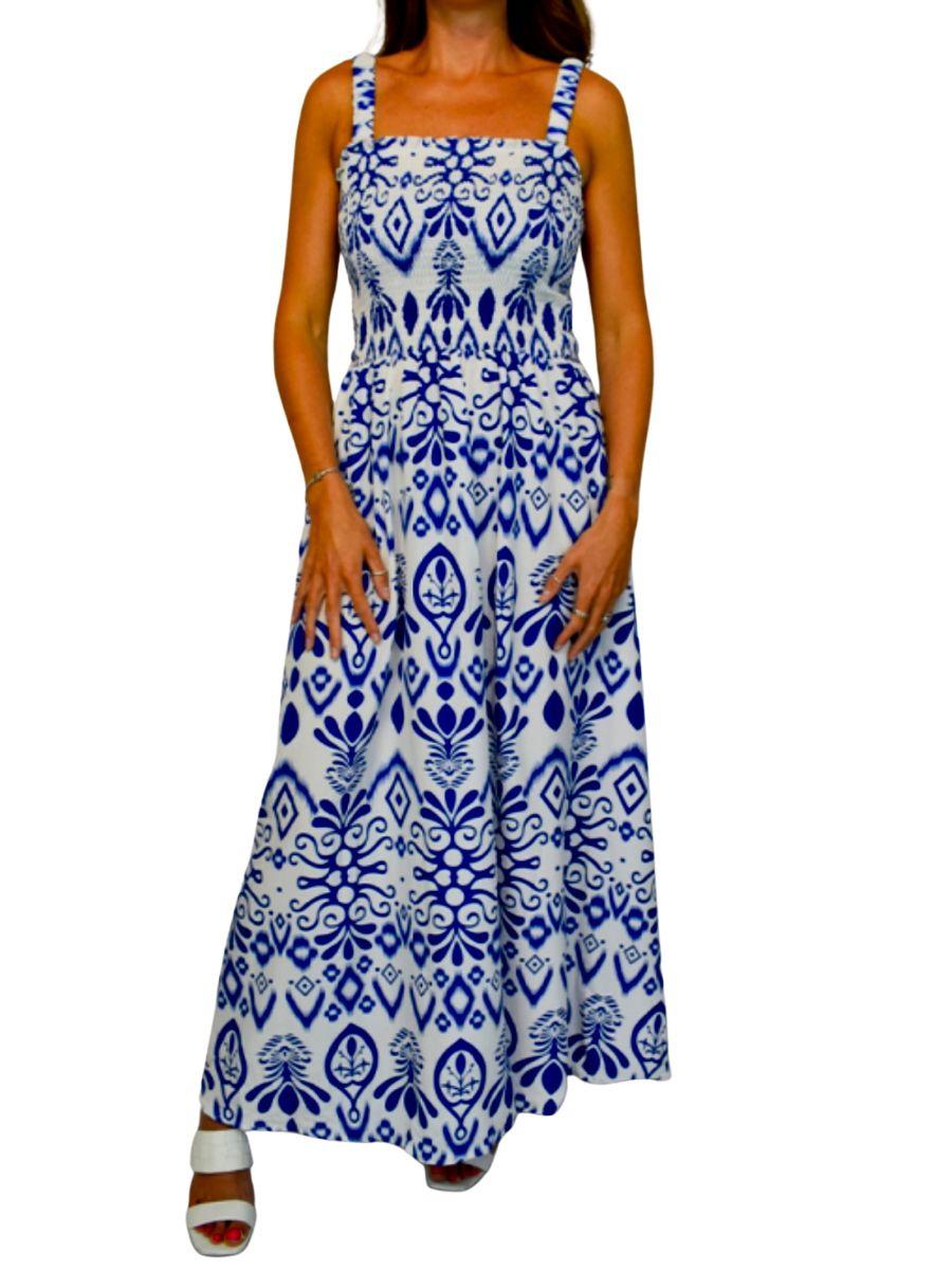 Blue Aztec Shirred Strap Maxi Dress - Comfortable straps