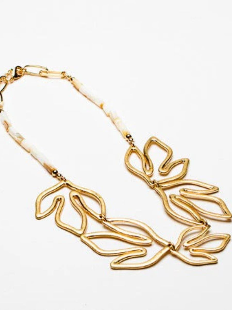 Open Leaf Beaded Chain Short Necklace