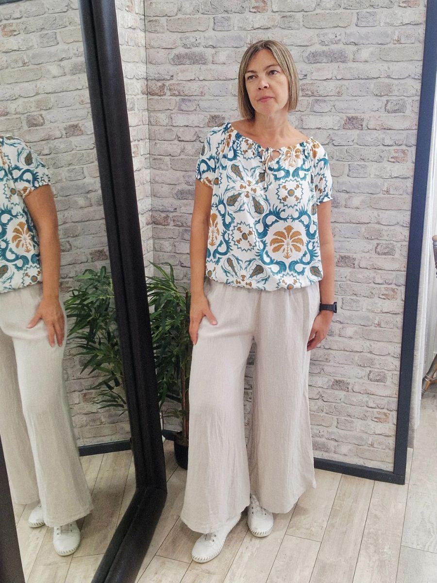 Linen Shirred Elasticated Palazzo Pant - Made in Italy