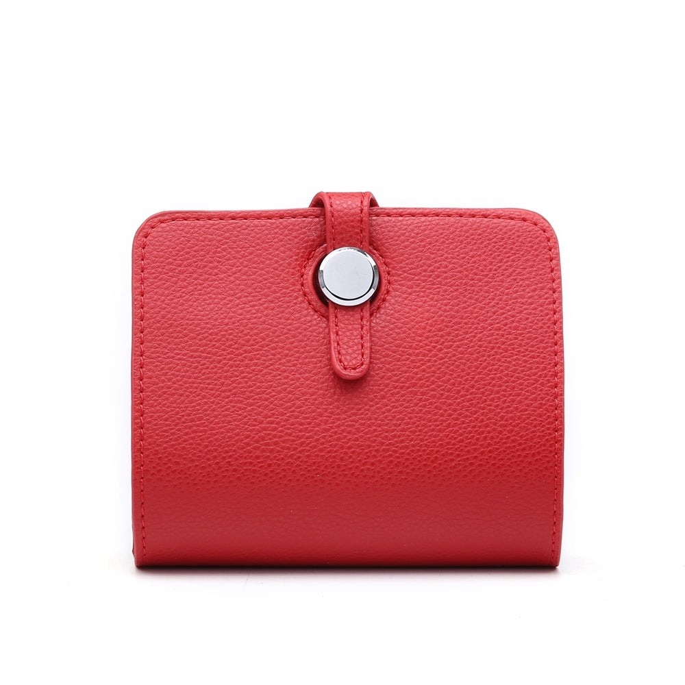 Small red 2 in 1 purse card holder with button closure.