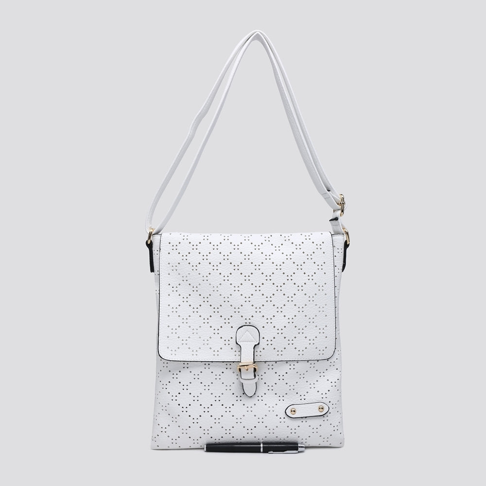 Soft Touch Diamond Perforated Crossbody Bag in vegan leather with cutout pattern and gold tone hardware.