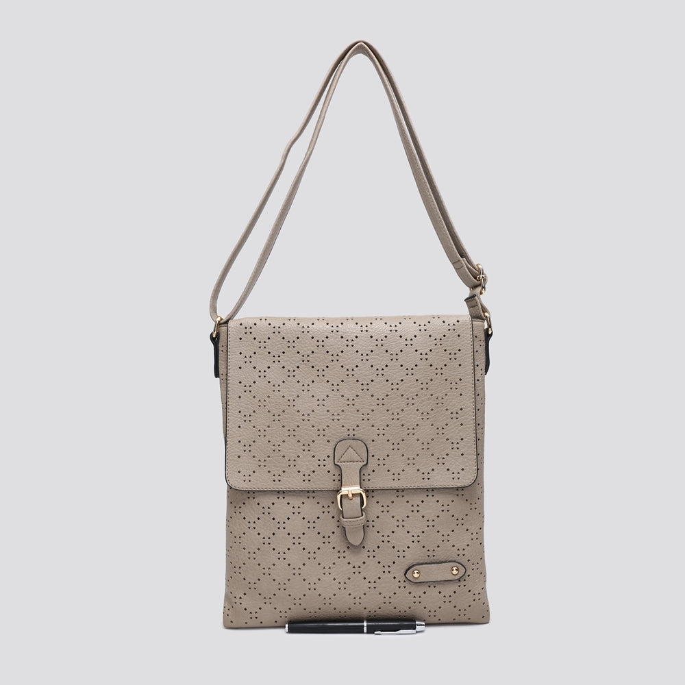 Soft Touch Diamond Perforated Crossbody Bag in vegan leather with gold tone hardware and cutout pattern.