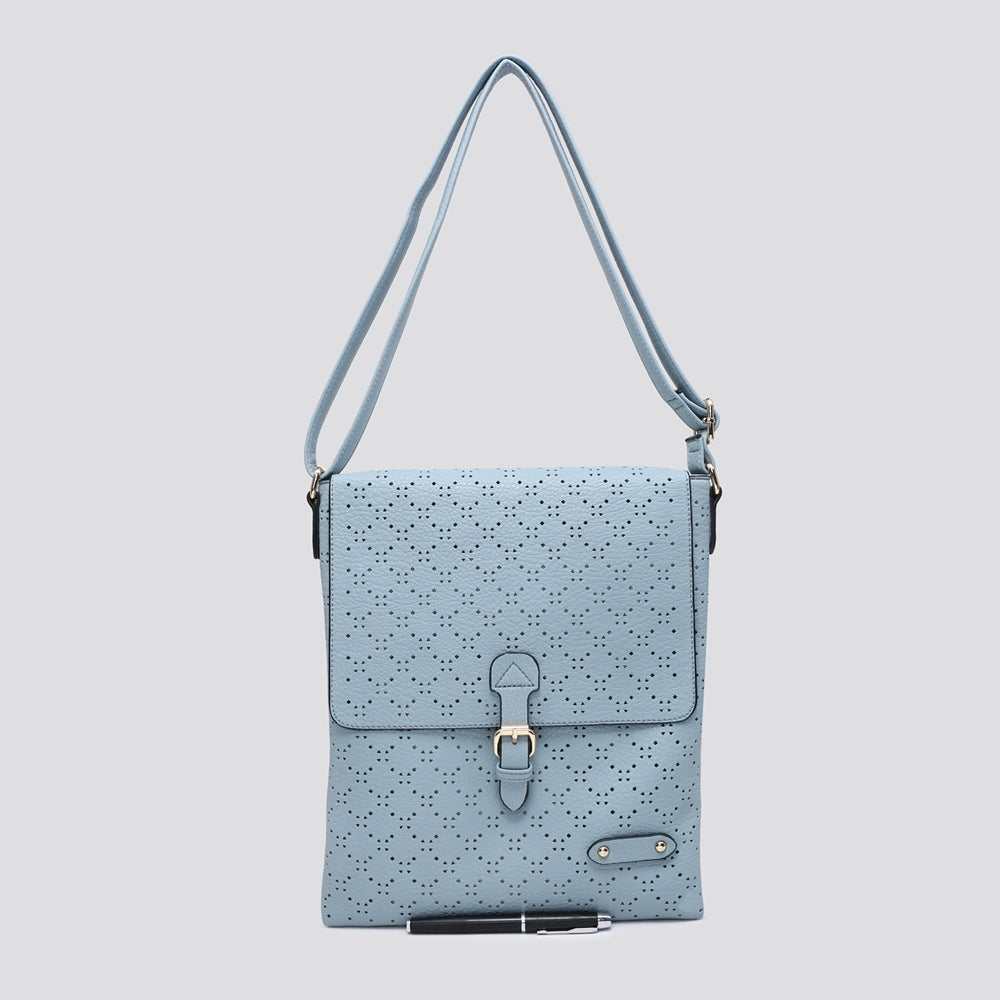 Soft Touch Diamond Perforated Crossbody Bag in vegan leather with cutout pattern and gold tone hardware.