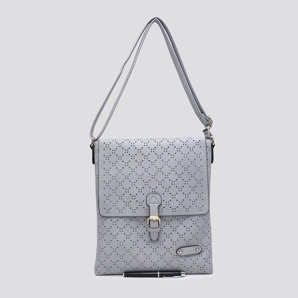 Soft Touch Diamond Perforated Crossbody Bag in gray vegan leather with cutout pattern and gold tone hardware.
