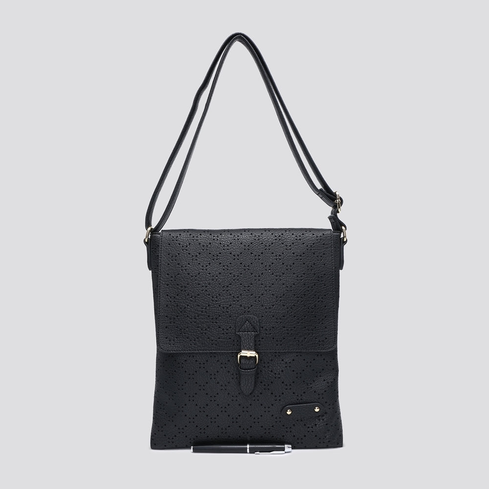 Soft Touch Diamond Perforated Crossbody Bag with Vegan Leather and Gold Hardware