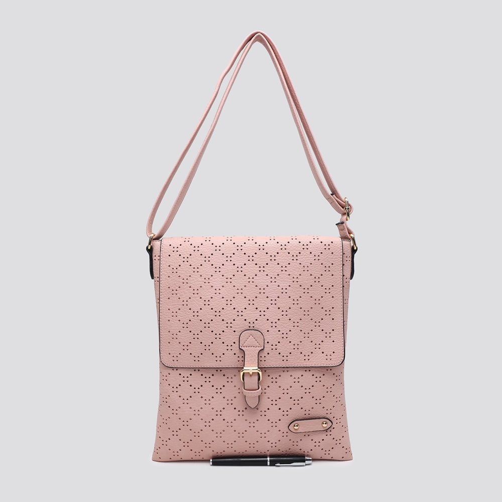 Soft Touch Diamond Perforated Crossbody Bag in vegan leather with cutout pattern and gold tone hardware.