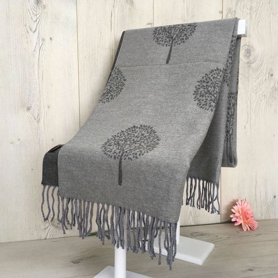 Cashmere Winter Scarf with a tree design and tassels on a display stand. Grey