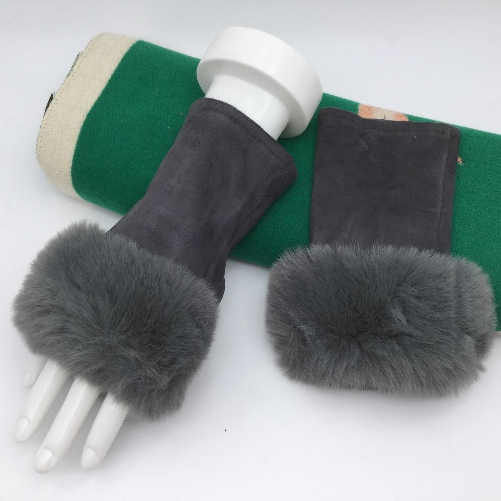 Fingerless Gloves with a Soft Fluffy Faux Fur Cuff on display