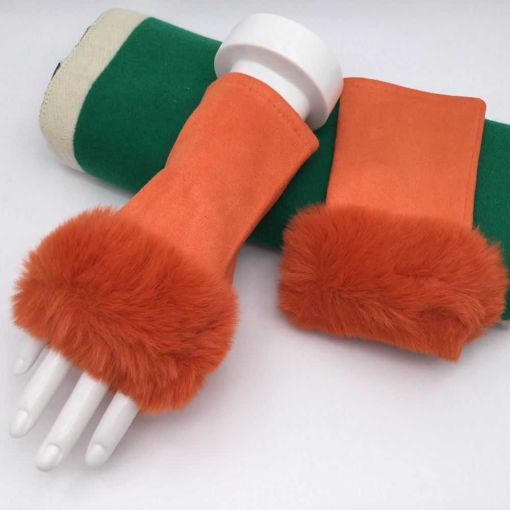 Fingerless Gloves with a Soft Fluffy Faux Fur Cuff on display
