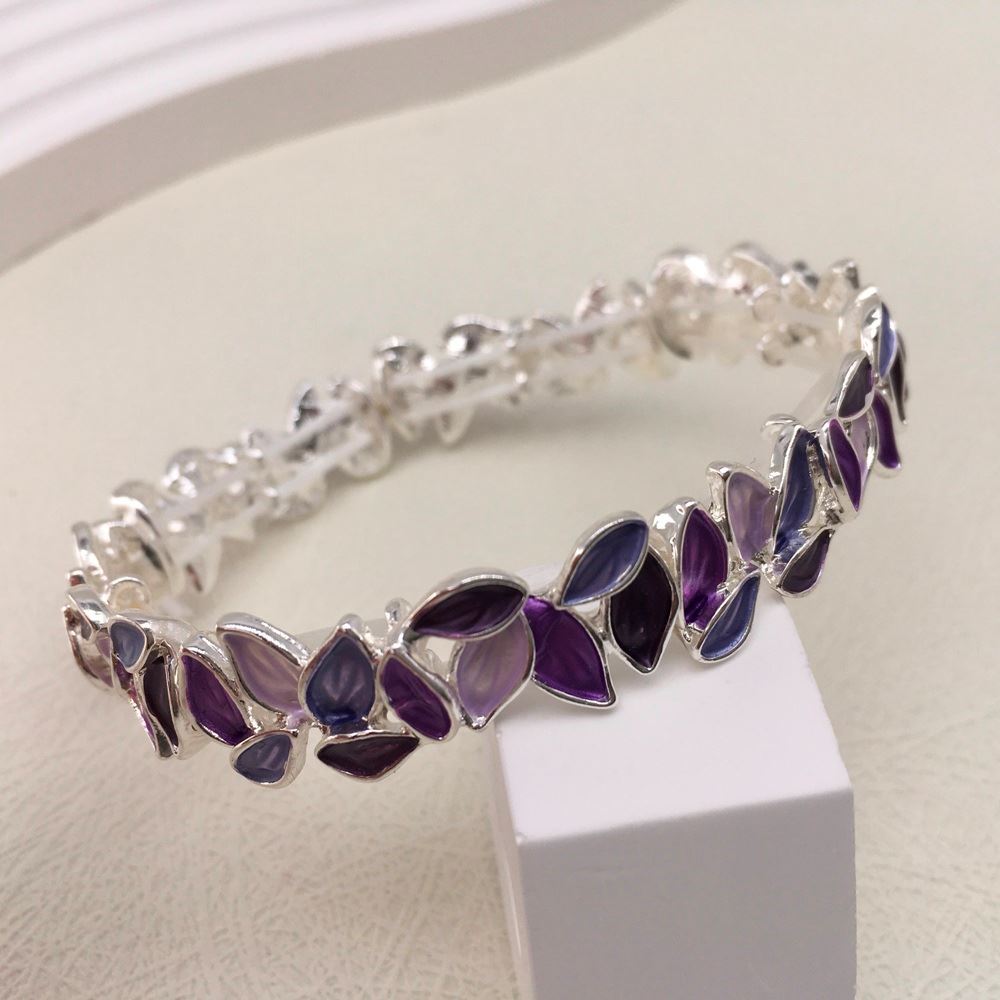 Stretch Leaf Bracelet with purple leaf designs, nickel and lead free.