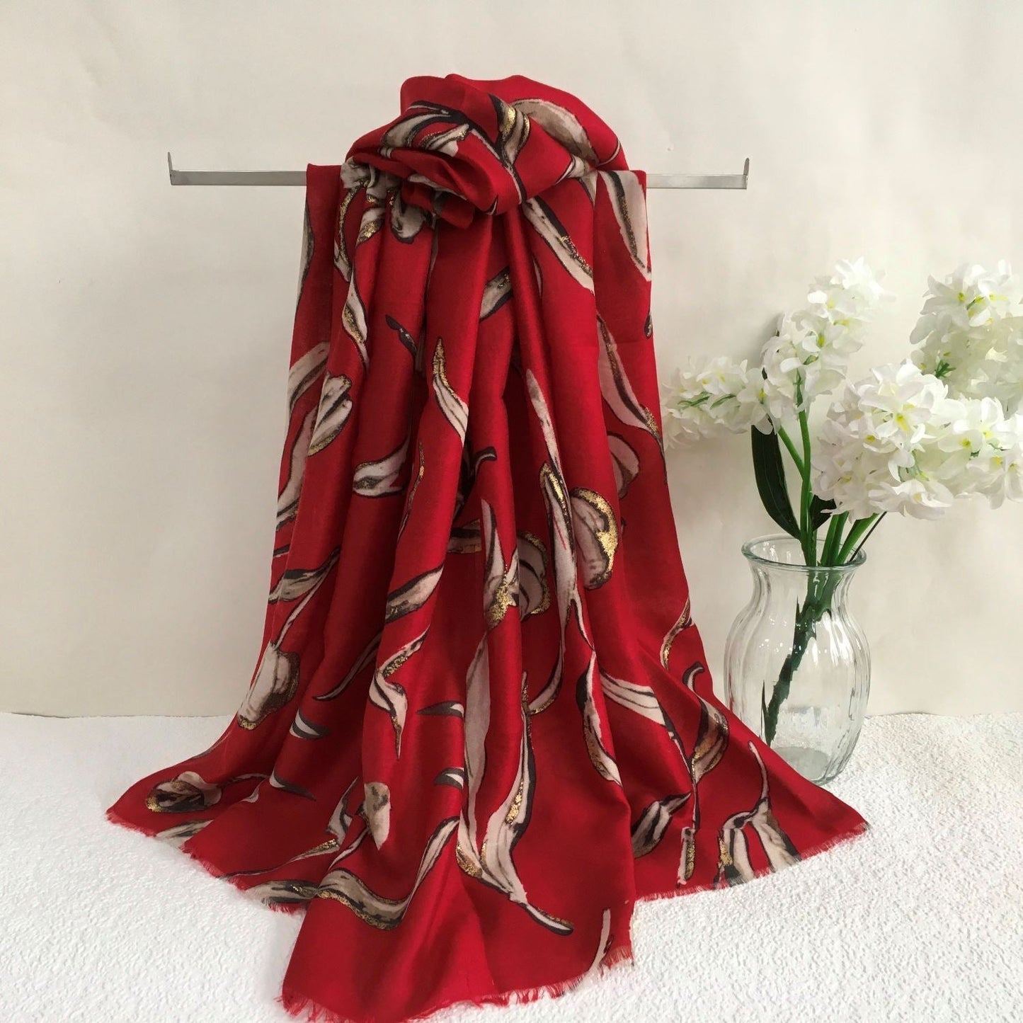 Tulips Scarf - Lightweight Deep Red Colour with a Contrast Print