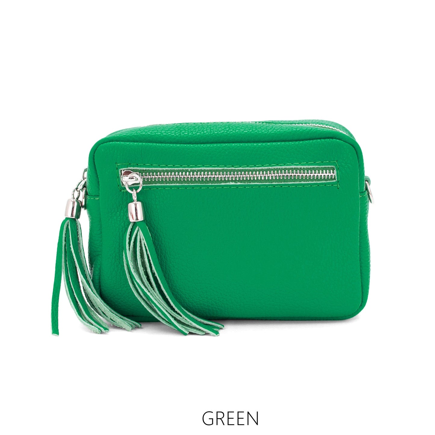 Green rectangle leather tassel bag with adjustable strap and front pocket.