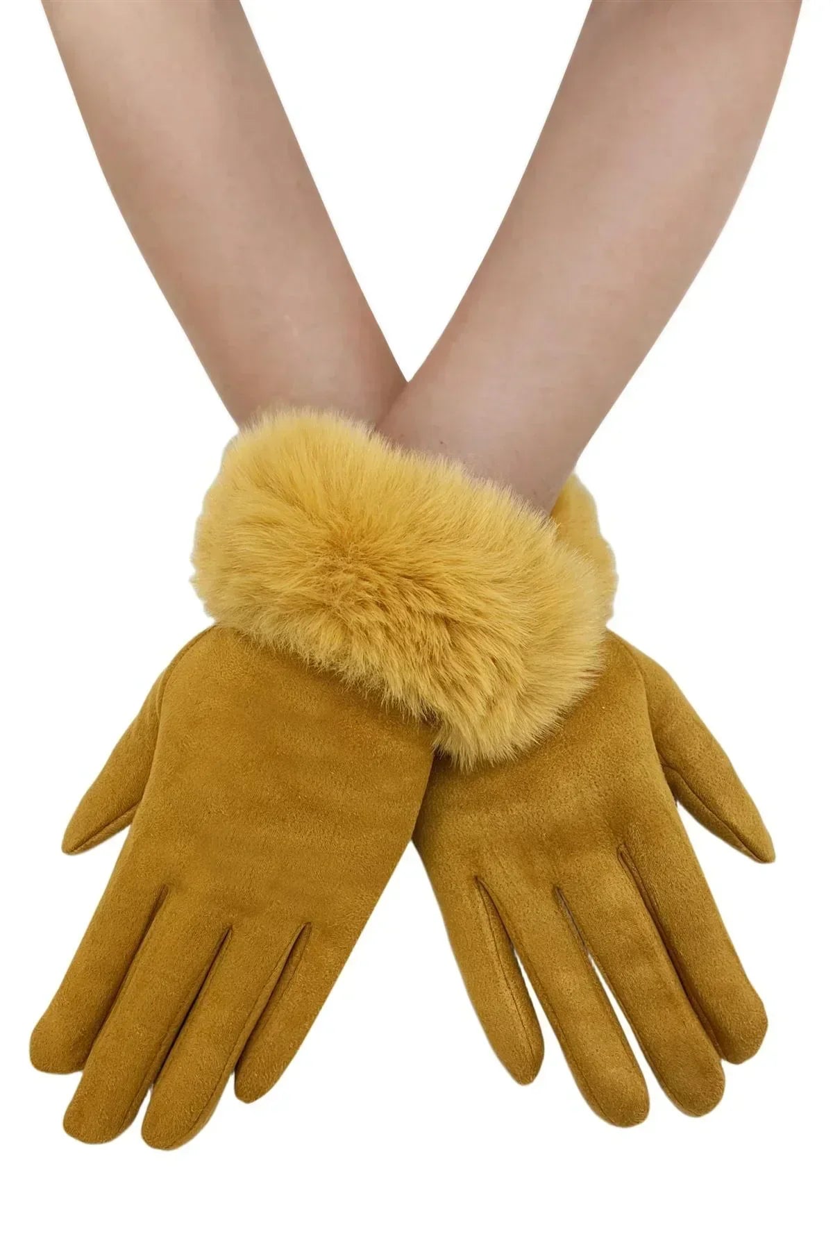 Faux fur trim gloves with touchscreen feature in mustard. Fur Gloves