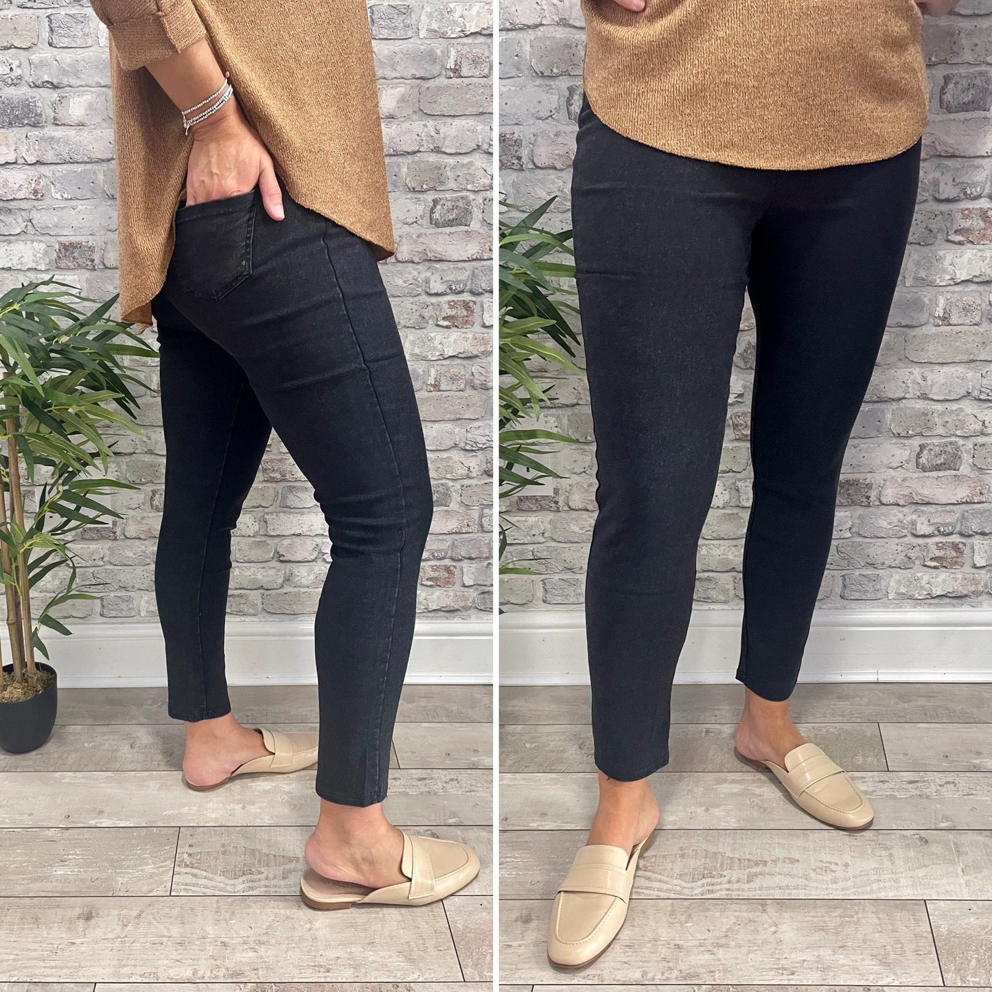 Soft cotton jegging in black, side and front view.