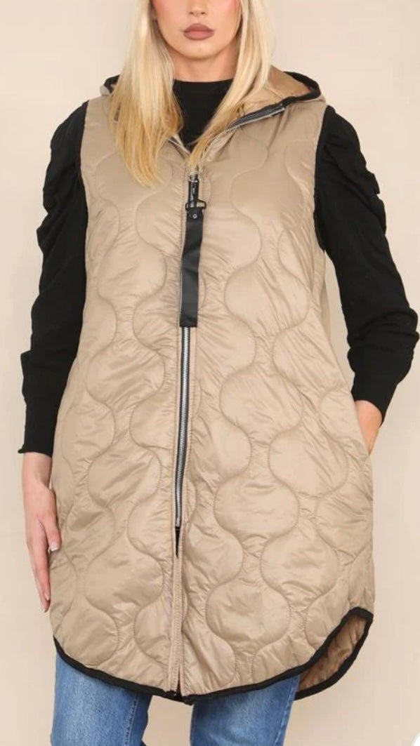 Lightweight padded gilet in beige, 100% polyester, available in sizes 8-24.