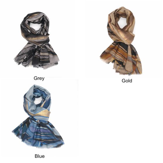 gold abstract scarf in gold, grey, and blue colors displayed in three variations