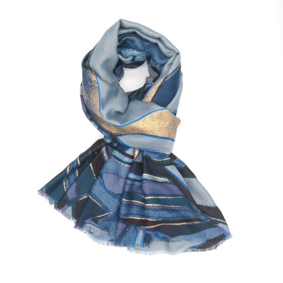 Gold abstract scarf in gold, grey, and blue polyester.