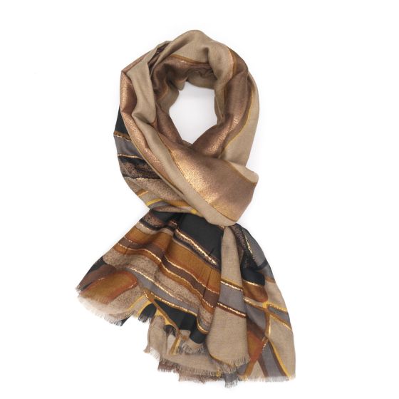 Gold abstract scarf with gold, grey, and blue patterns, crafted from soft polyester.