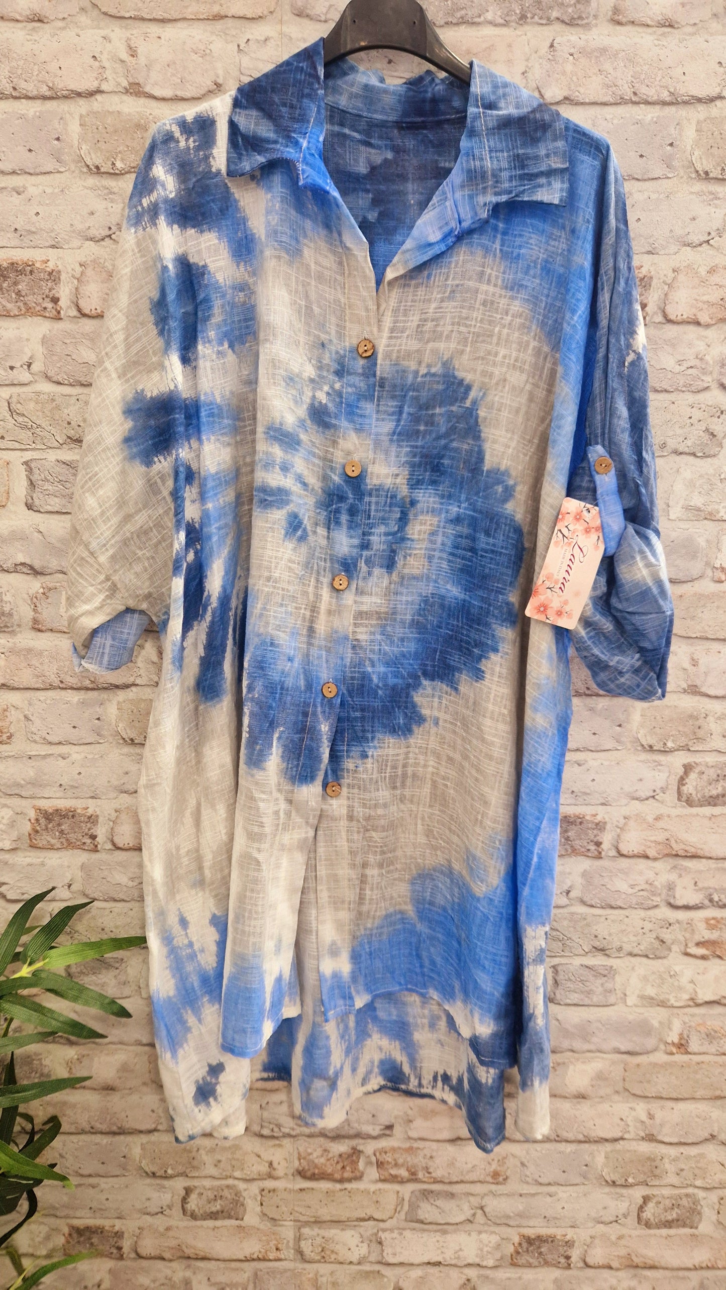 Tie Dye Cotton Shirt in blue and white, 100% cotton, long-sleeve.